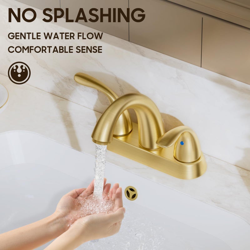 Phiestina Brushed Gold 4 Inch Centerset 2 or 3 Holes 2 Handle Bathroom Faucet, Bathroom Faucet with Copper Pop Up Drain and Water Supply Lines, BF008-5-BG - Image 5